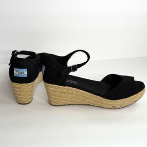 TOMS Black Canvas Peep Toe Jute Wedge Heel‎ Espadrille Sandals Sz 7